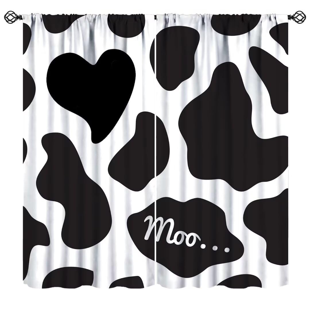 JanJCurt Cowhide Curtains, Black White Milk Cow Spots Funny Farm Animal Fur Skin Print Window Drapes for Farmhouse Kitchen Kids Boys Girls Bedroom Living Room, 52
