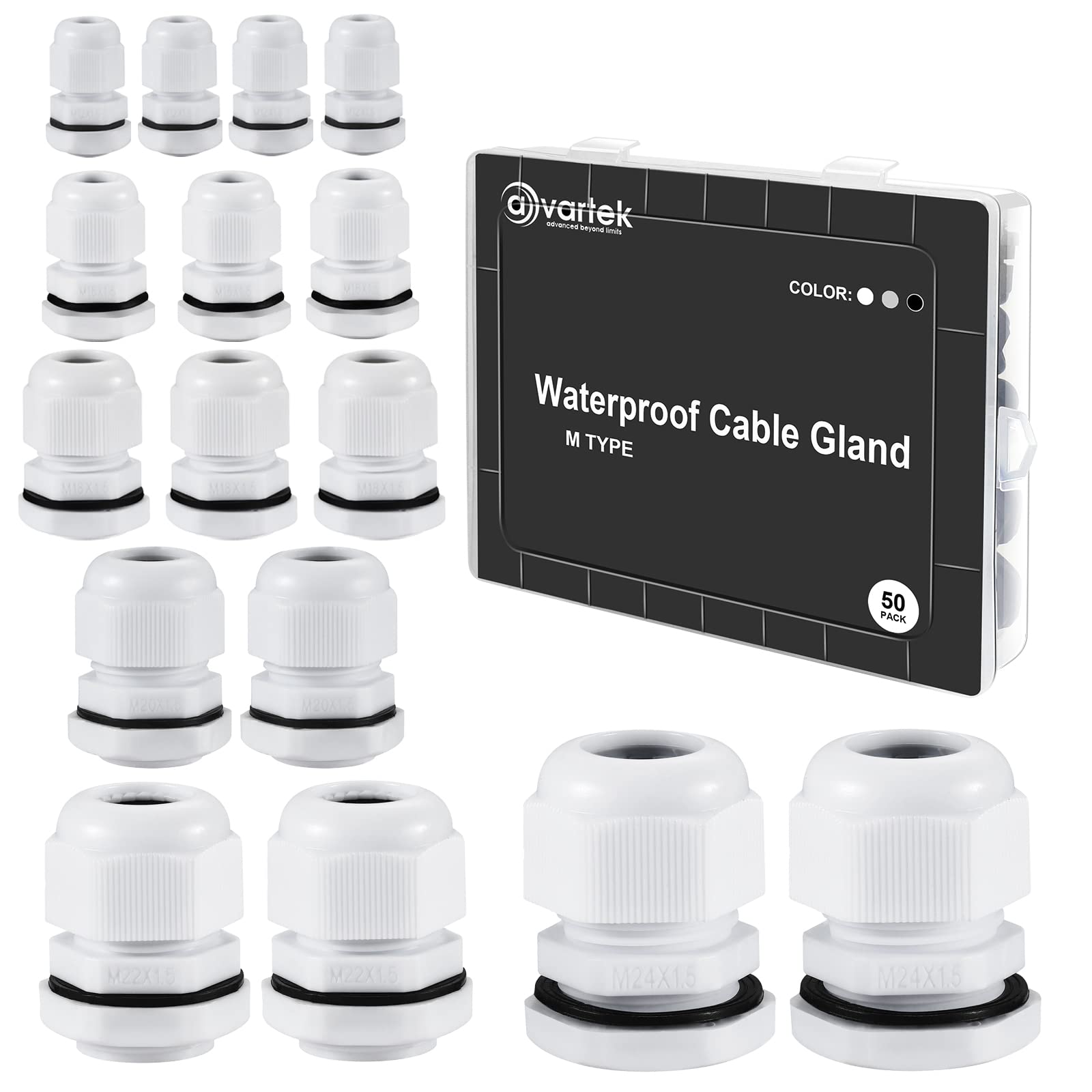 Avartek White 50 Pack Waterproof Cable Glands Adjustable 3-16Mm Cable Connectors M12 M16 M18 M20 M22 M24 Plastic Cable Glands Connectors With Locknut And Washer - (White)