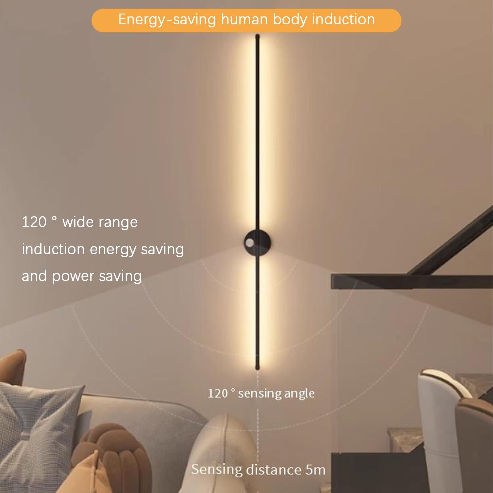 Lampa ścienna ładowana przez USB z czujnikiem ruchu, lampa ścienna na baterie, pasek o długości 120 cm, nowoczesna, do salonu, sypialni, schodów, korytarza (120 cm,