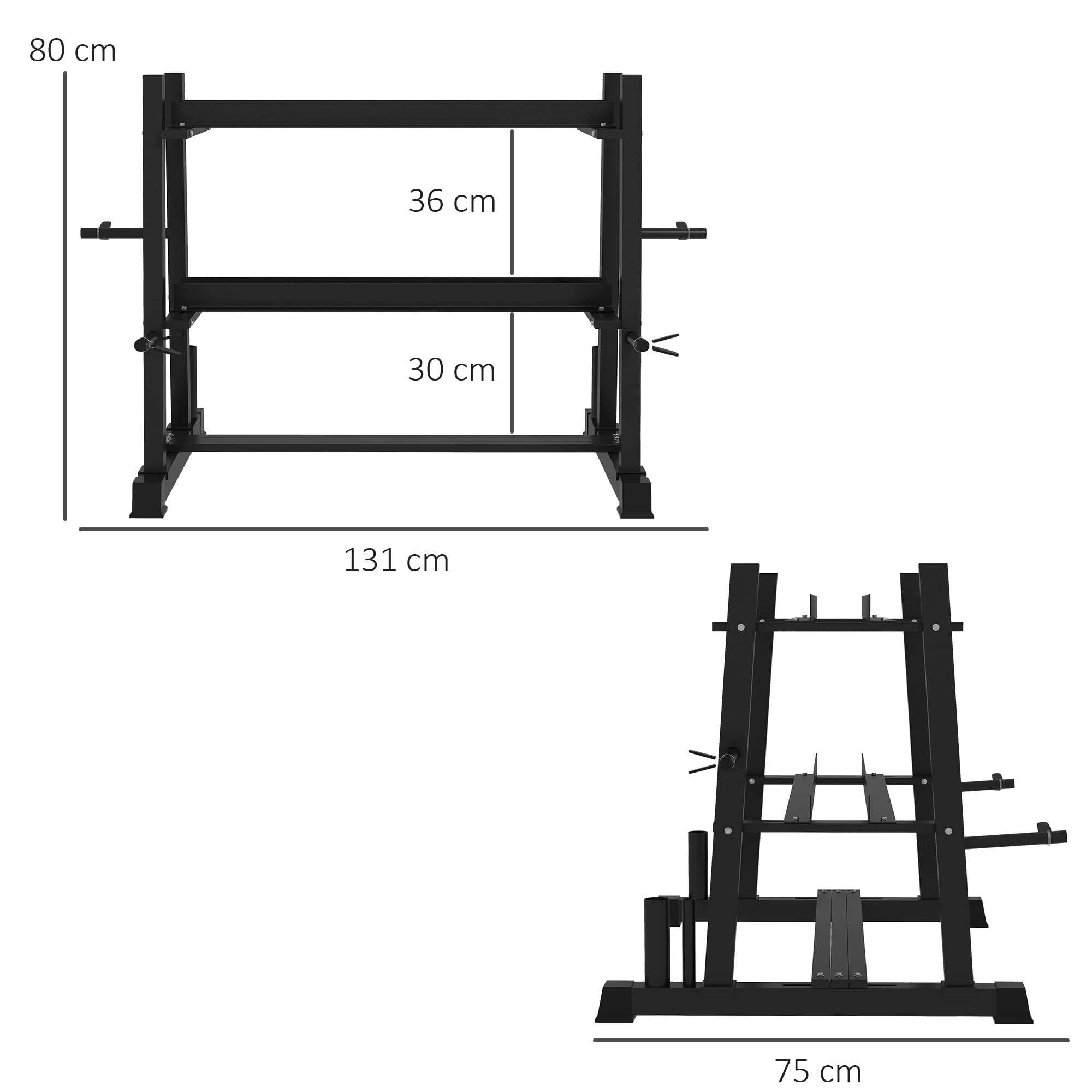 SPORTNOW Rastrelliera per Manubri in Acciaio con 4 Aste a Distanza Regolabile per Pesi, Kettlebell e Bilancieri, 131x75x80 cm, Nero