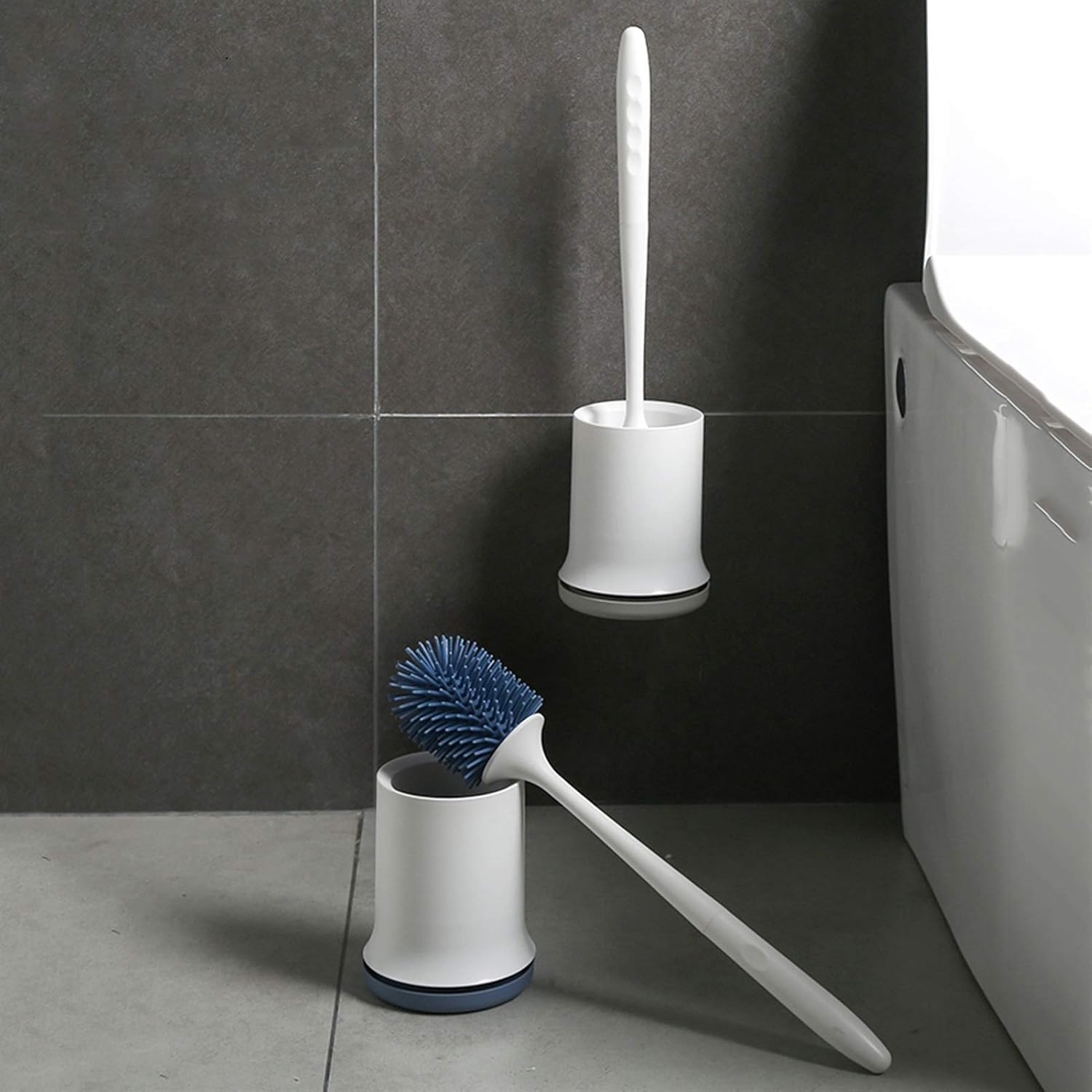 Escobillas de baño, Se puede montar en la pared o el suelo. Cabezal de cepillo suave mango largo. Juego inodoro for baño limpieza integral(Blue)