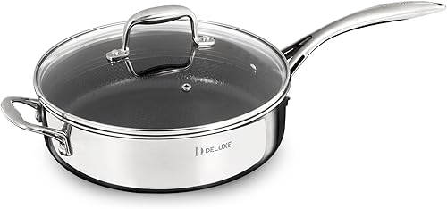DELUXE Sartén de cerámica híbrida antiadherente de 3.7 cuartos de galón con tapa, sartén de acero inoxidable con asas que se mantienen frías, apta