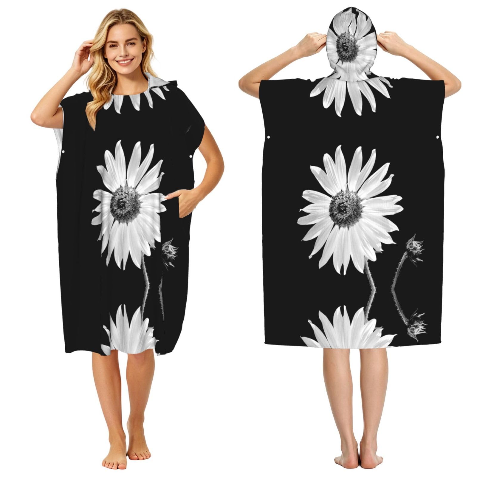 Sunflower Print Changing Robe, Hooded Towel Poncho For Swimming Pool, Beach,Quick Dry & Light Weight Towelling Poncho For Adults Women Men