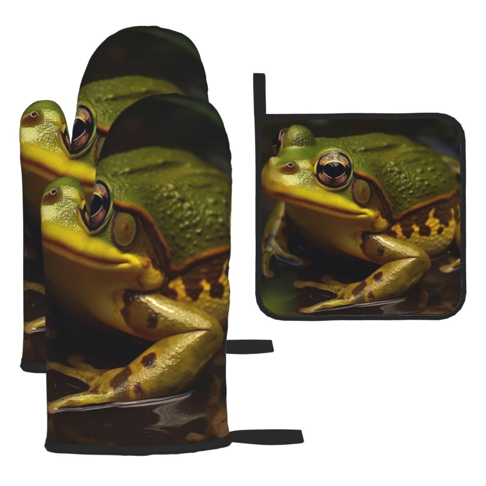 Oven Mitts and Pot Holders Set of 3 Heat Resistant Non-Slip Kitchen Gloves Hot Pads Green Frog in Pond Oven Mitts Kitchen Mittens Gloves Non-Slip Potholders for Cooking Baking Grilling BBQ