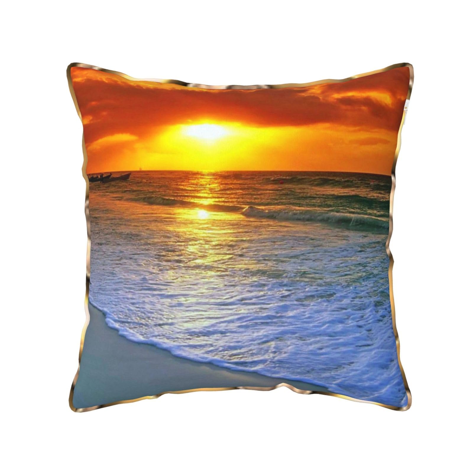 AUBKFELD beach with sunset Printed Velvet Cushion Cover 40x40 CM with Gold Edging Strip, Square Pillowcase Soft Throw Pillow Covers Case Decorative for Living Room Sofa Couch Bed Bench