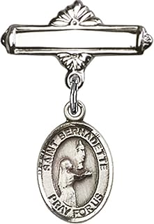 Sterling Silver Baby Badge with St. Bernadette Charm and Polished Badge Pin 1 X 5/8 inches