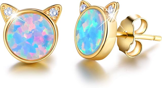 Gift for Christmas Esberry 18K Gold Plating 925 Sterling Silver Opal Cat Stud Earrings Cute Cat with Natural Stone Hypoallergenic Earrings for Women and Girls (Yellow Gold-Blue Opal)