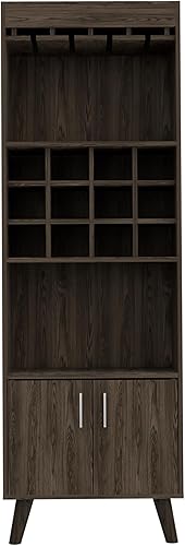 Miniatura 5 de Edessa - Armario de bar con 12 cubos de vino, 2 estantes abiertos, estante de vidrio y un gabinete de doble puerta, nogal oscuro