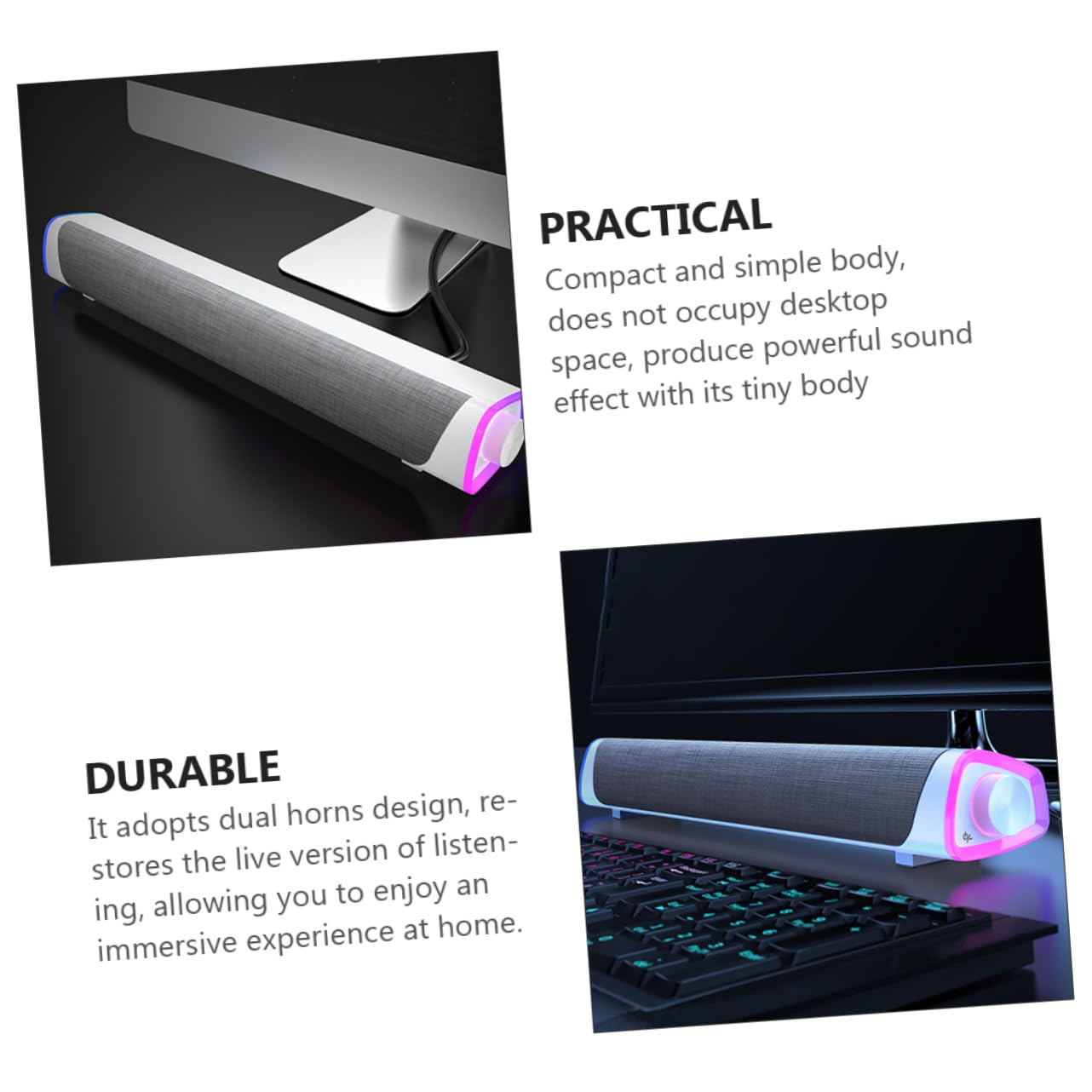 Homoyoyo Barre de Son Prise Jack Barre de Sons PC Stéréo à 2 Haut-parleurs Tissu 6w pour Bureau et Maison Clair et Compact