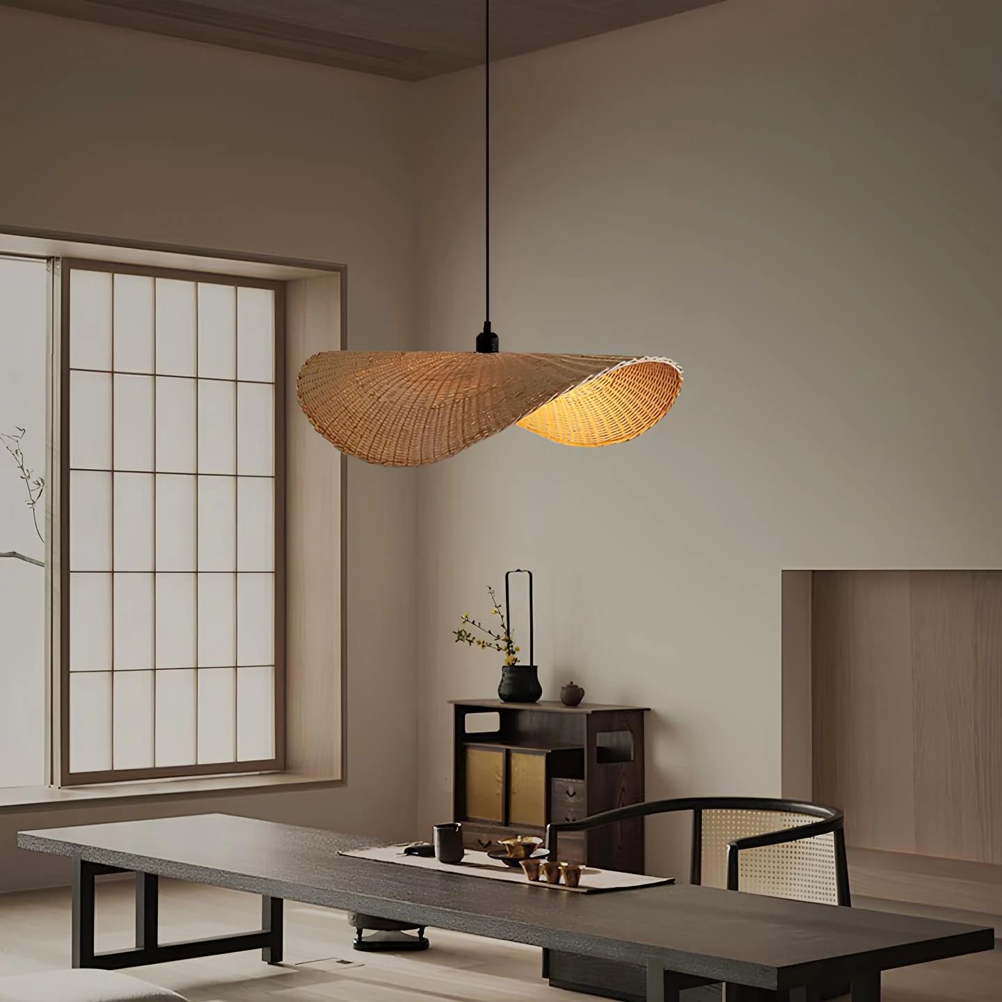 AKWAY Bamboo Hanging Light for Living Room | Rattan Hanging lampshade for Balcony | Cane Indoor Outdoor Chandelier | Wicker Ceiling Pendant Light Boho Decor - Shanaya - (Bulb Not Included) (24" Dia)-image-34