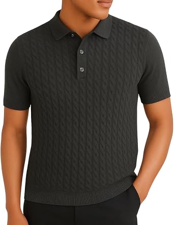 Mens Knit Polo Shirt Short Sleeve Hollow Out Knit Shirt Texture Knitted Polo Dad Fathers Day Sweater Short Sleeve