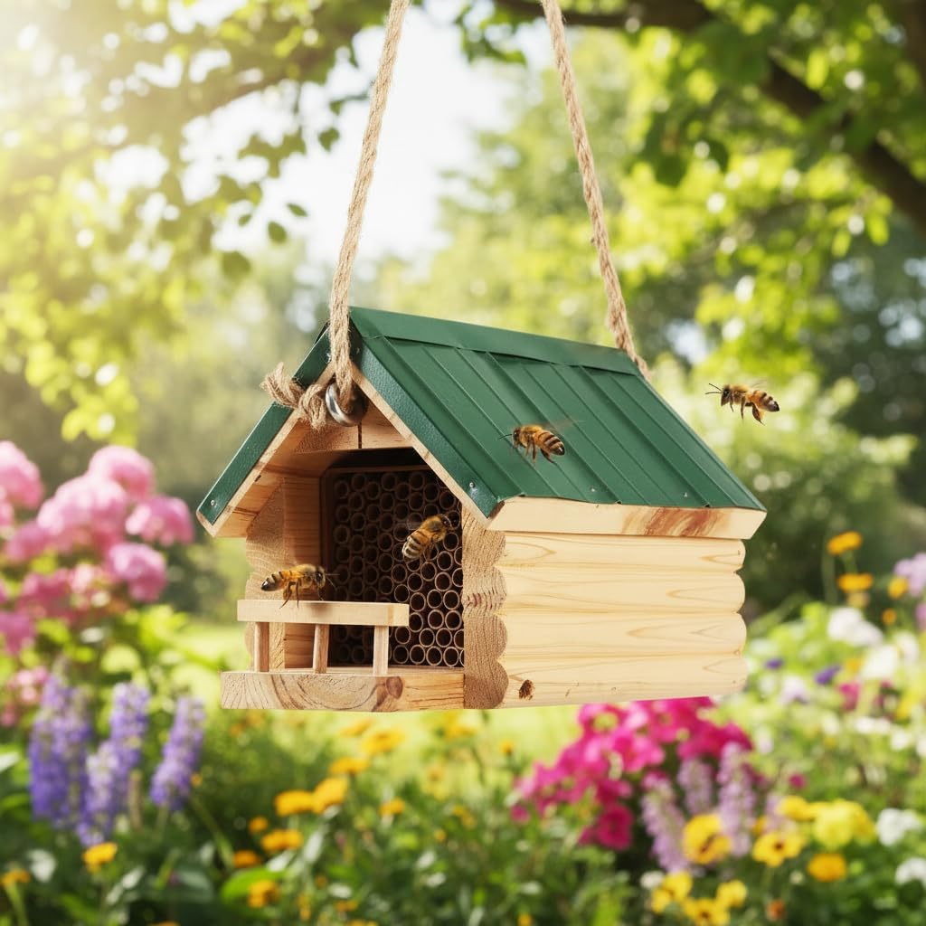 Cedar Wood Bee House for Garden Outside, Cardboard Bee House Nesting Tubes - 6" Long X 5/16" Diameter Tube for Mason Solitary Bees