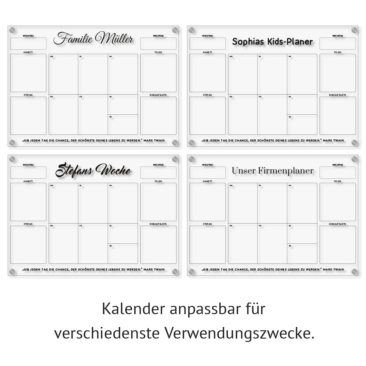 Personalisierter Acrylglas Wandkalender - Familien Wochenplaner abwischbar DIN A3, A2 oder A1 XXL wählbar inkl. Montagematerial und Edelstahl Abstandhalter, langlebig, klarer UV-Druck