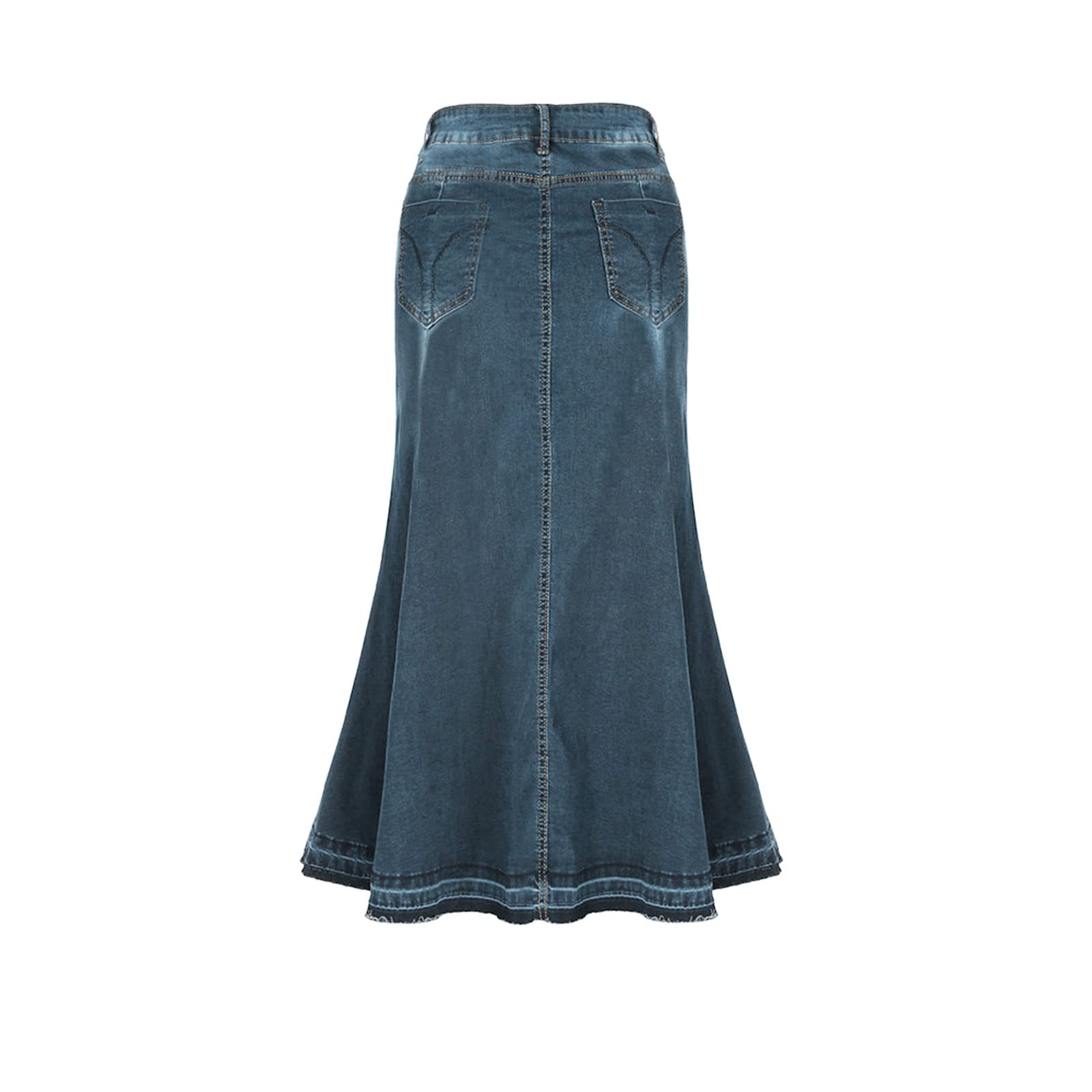 Damen Jeans Rock, Stretch Denim Maxi Jeansrock Mit Weit Ausgestelltem Saum, Slimfit Midi Röcke Freizeitrock Partyrock, A Linie Rock, Figurbetontes Damenrock Hohe Taille