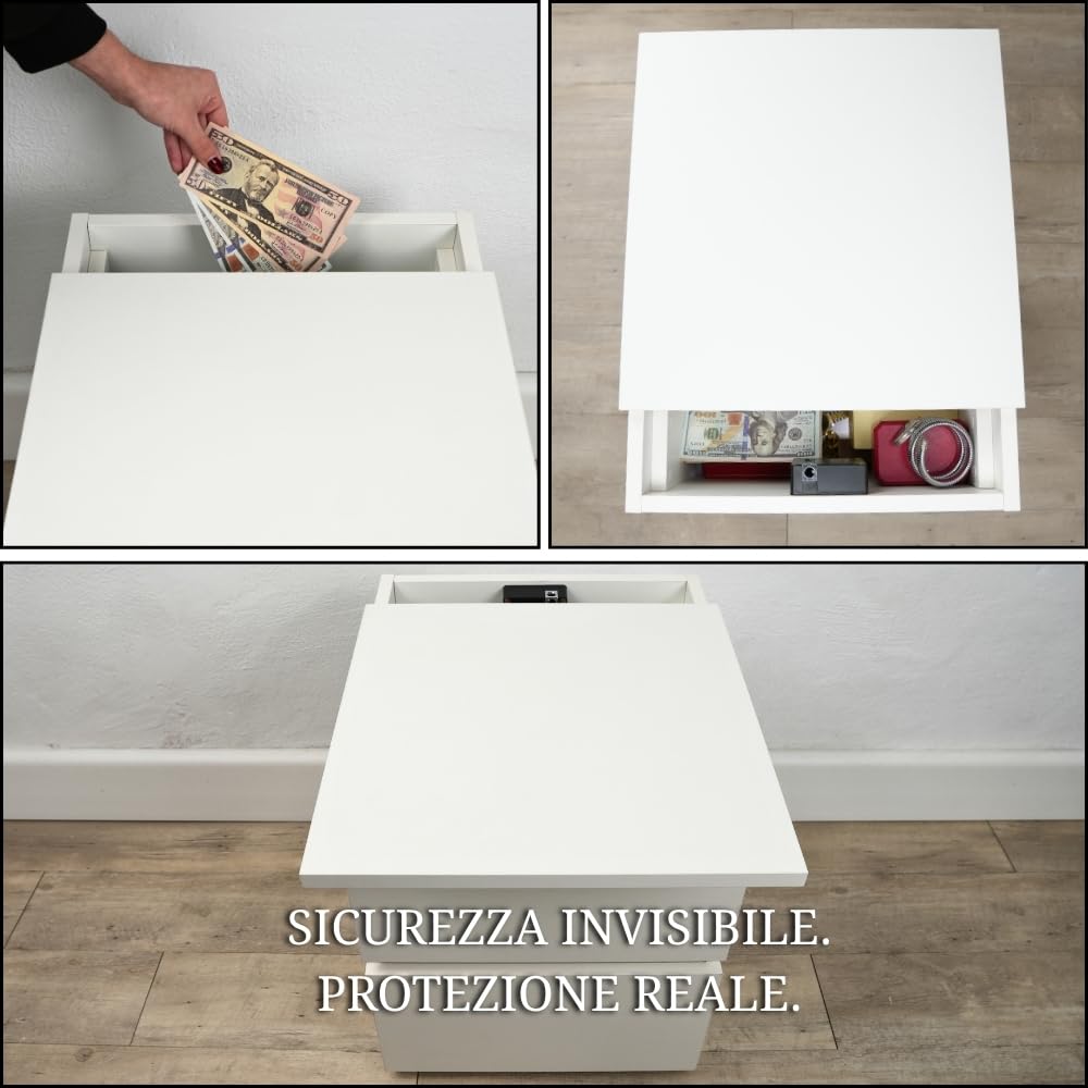 Cassettiera bianca con compartimento segreto e serratura RFID, comodino camuffato con cassetto nascosto doppio fondo invisibile, mobile occultato tipo cassaforte segreta per soldi gioielli