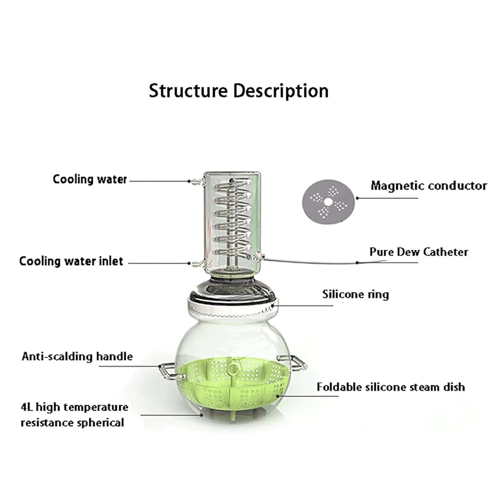 A,Apparecchiatura per distillazione di Oli Essenziali da Laboratorio Kit di vetreria per distillatore per purificatore d'Acqua Kit di apparecchiature per Vapore in Vetro per Chimica (4L)