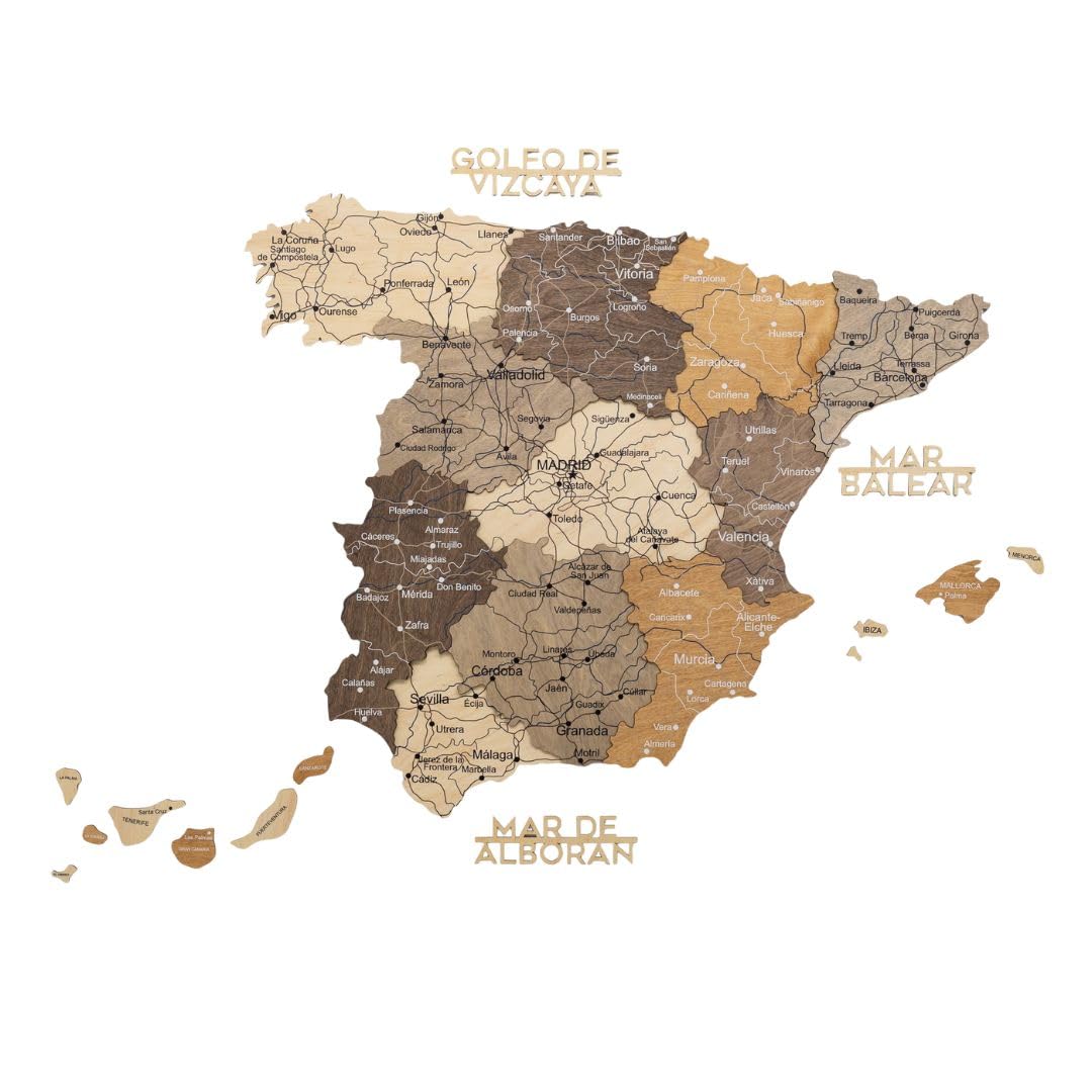 Enjoy The Wood 3D Wooden Spain Map for Wall Decor - Handmade Wooden Wall Art Travel Map of Spain with Pins - Any Occasion Gift Idea - Unique Spain Décor for Home or Office (Multicolor, S)