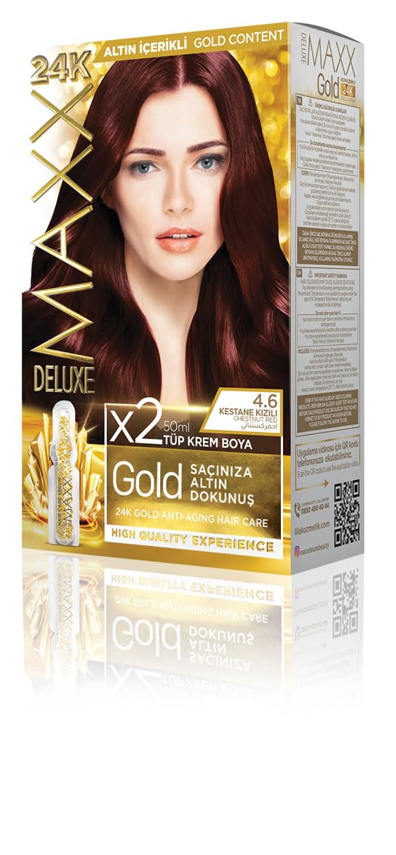 MAXX DELUXE Gold serisi 24K Altın Parçacıklı Serum ile 1 Kutu 2 x 50 ml ve Geliştiriciler Saç Boyası (KESTSANE KIZILI 4.6)
