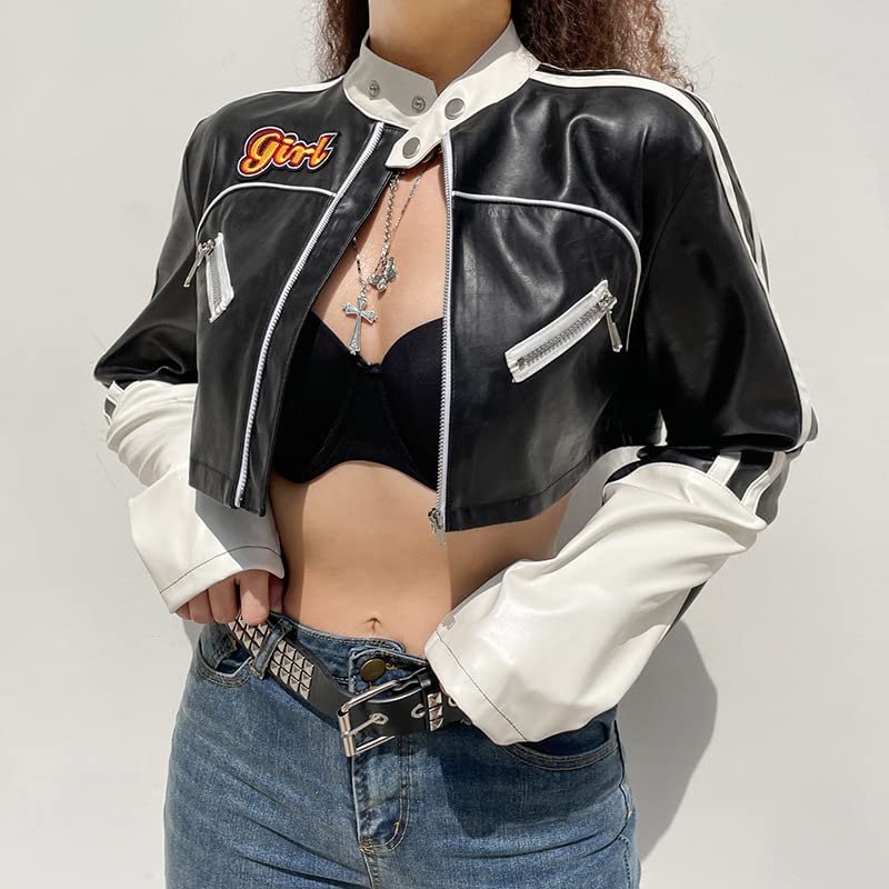 Women Y2K Grunge 90S E-Girl Moto Cropped Zip Up Jacket, Punk Dark Academia Cool Babes Alt Emo Korean Coat Crop Top2