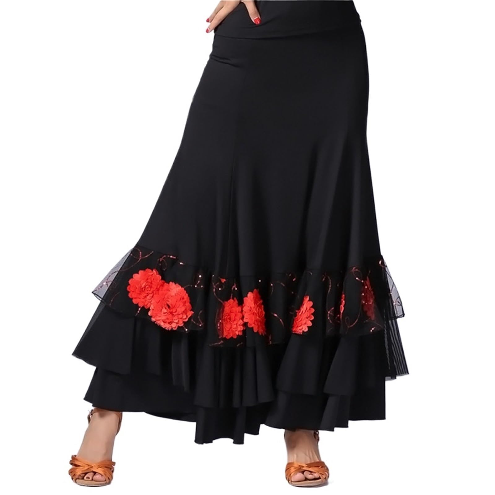 Vestido de práctica salón flamenco for mujer, ropa danza del vientre española elegante con lentejuelas, bordado flores, volantes, falda escenario gitana alas grandes