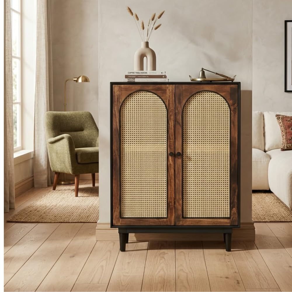 Solid Wood Rattan Arch Sideboard Cabinet with Natural Cane Doors | Scratch Resistant Finish | 2-Door Storage Cabinet for Living Room, Dining Room, Entryway & Bedroom-image-39