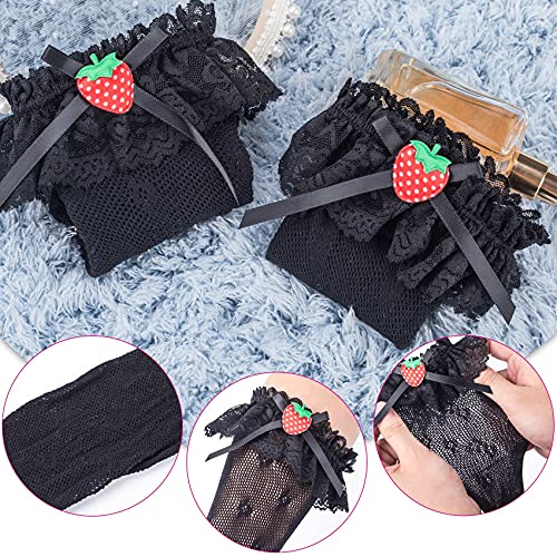 PAGOW 2Pairs Strawberry Knee High Socks, Women's Girls Lace Calf Socks Lolita Bows Knee Sock, Japanese Style Sweet Thigh High Loose Stocking for Student2