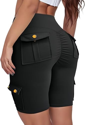 Womens Cargo Yoga Shorts Slim Fit Tummy Control Butt Lifting Short Leggings Workout Knee Length High Waist Shorts