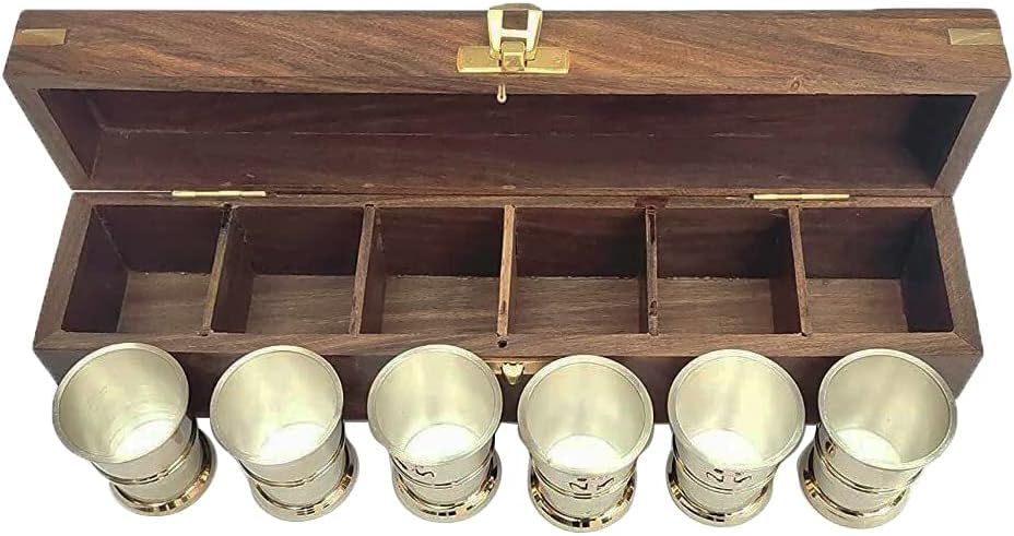 Nautical Marine Solid Brass Shot Glasses (Set of 6) with Anchor Monogram Handmade Wooden Box. (Replica)