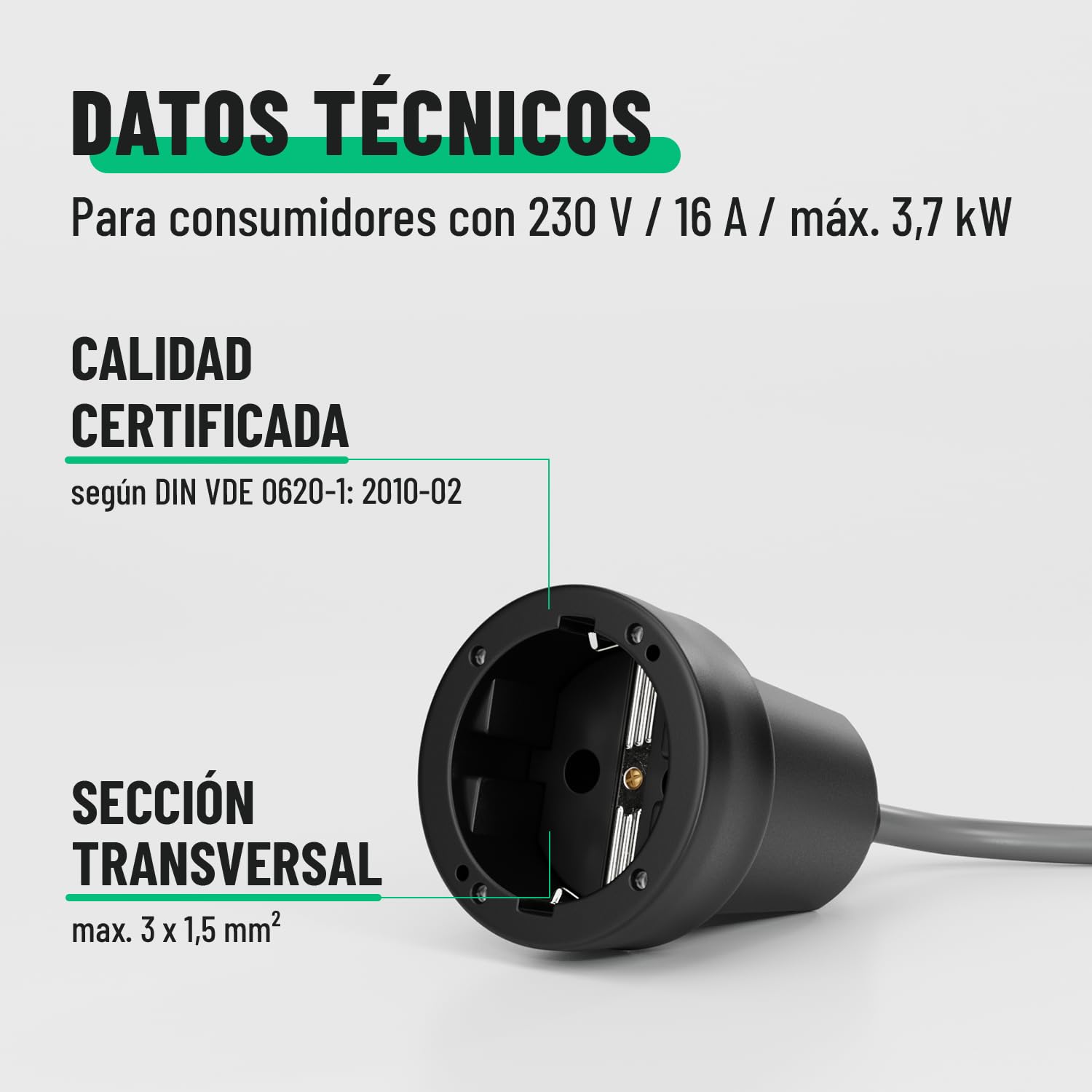 greate 1x clavija enchufe hembra y enchufe macho exteriores de goma con protección contra doblez, 230V, 16A, 3,7kW & IP44