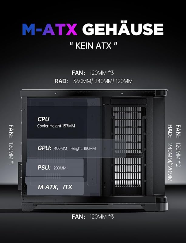 AsiaHorse MATX Dual Chamber 270° Tempered Glass Gaming PC Case Type-C