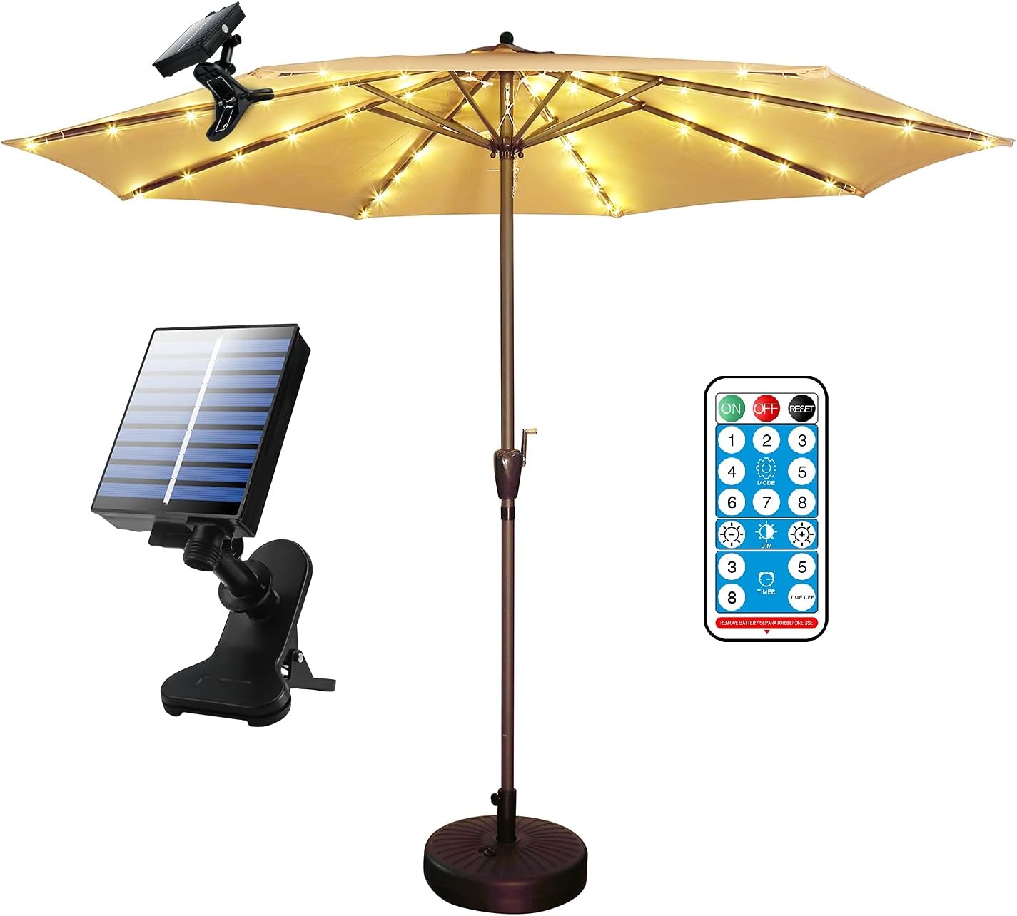 Solar Patio Umbrella Lights Cordless Parasol String Lights With Clip Umbrella Pole Light Solar Powered Waterproof for 7-10 foot Umbrella Outdoor Beach Deck Garden Party Decoration