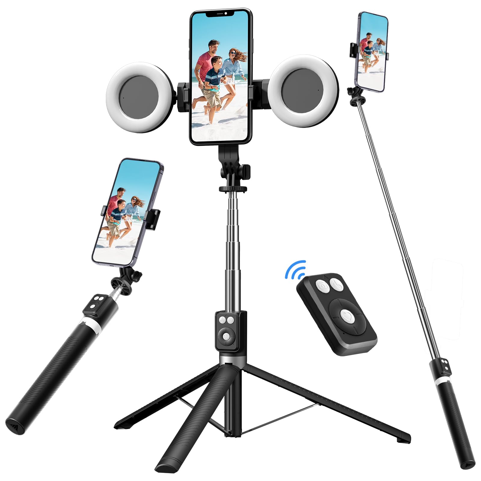 Selfie Stick Tripod with Fill Light, Phone Selfie Stick,Durable Stainless Steel Design,Bluetooth Remote Control,and Stable Three-Legged Support for Live Broadcasts,Video Shooting (Black)