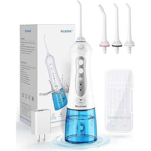 Cordless Water Flosser Teeth Cleaner, Nicefeel 300ML 2 Tip Cases Portable and USB Rechargeable Oral Irrigator for Travel, IPX7 Waterproof, 3-Mode Water Flossing with 4 Jet Tips for Home