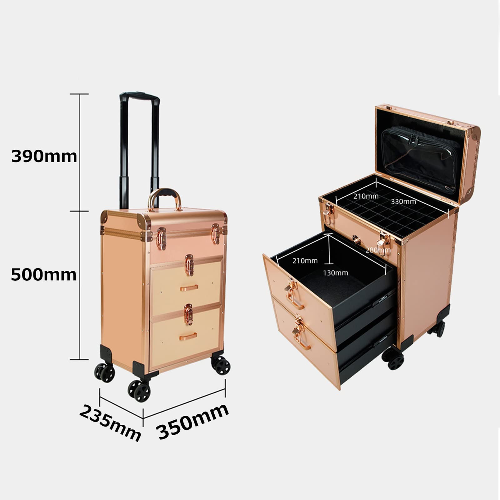 Aluminium-Make-up-Koffer, Beauty-Make-up-Zug-Koffer, Reise-Trolley, Kosmetiktasche, rollender Organizer, Kosmetikbox, rollender Make-up-Koffer, Reise-Zug-Koffer mit Rollen, Kosmetik-Trolley,