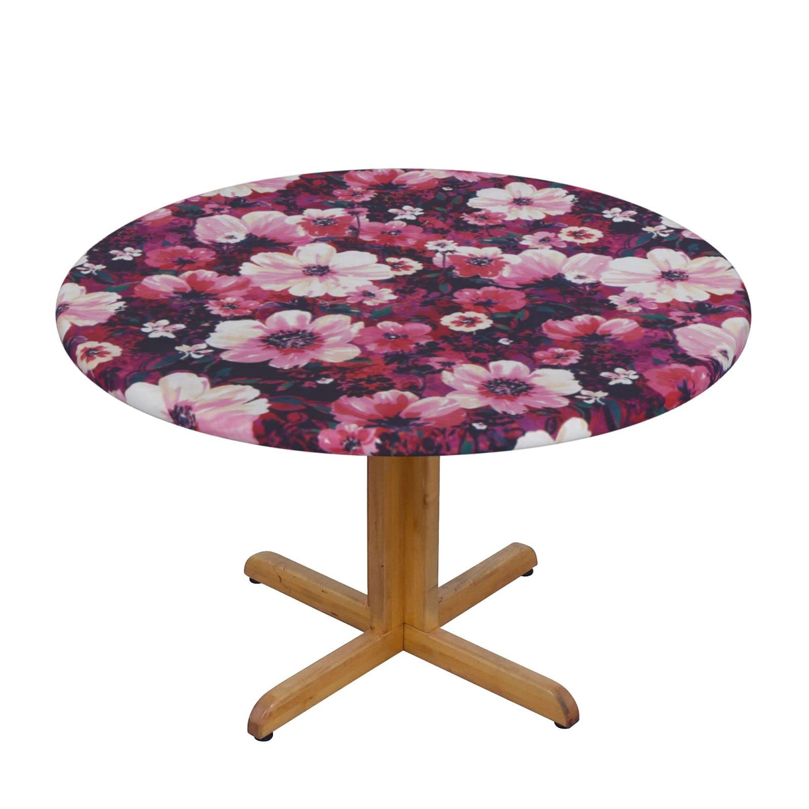 Lsjuee Round Fitted Tablecloth 45-50in Elastic Edged Table Cloth for Kitchen Dining Party Home Decor - Red Flower Bright