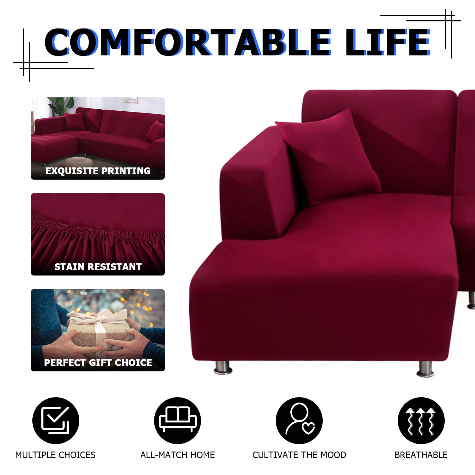 Lydevo Copridivano con Penisola Elasticizzato,Copridivano Angolare a Sinistra/Destra Universale con 2 Federi,Fodere Divano Penisola Forma di L,Chaise Longue Sofa Cover(2 Posti+2 Posti,Vino Rosso)