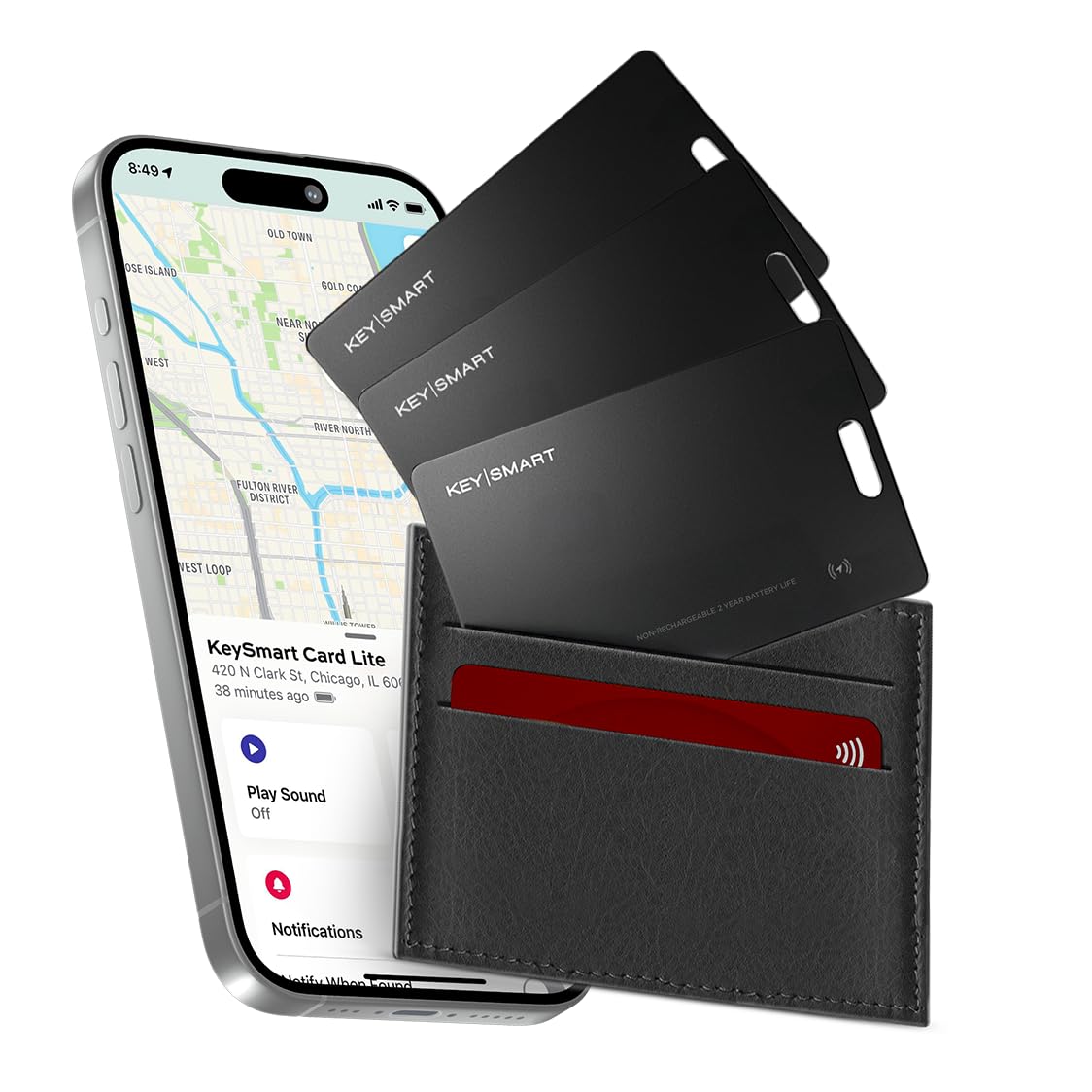 KeySmart SmartCard Lite Wallet Tracker Card, Compatible with Apple Find My App, Non-Rechargeable 2 Years Battery, Thin GPS Item Finder for Luggage Tag, Smart Bluetooth Tracking - Black, 3 Pack