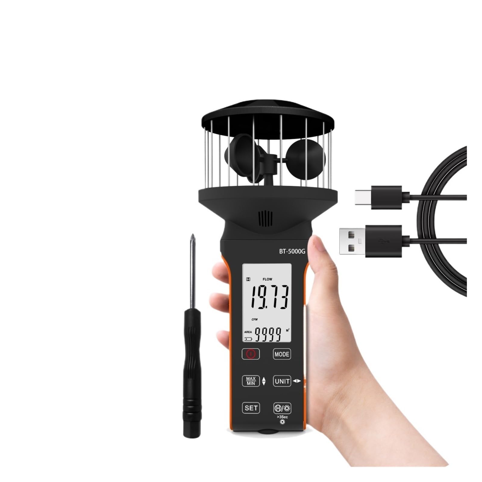 Anemómetro azul con retroiluminación multifunción, velocidad del viento, volumen de aire, medición de temperatura, BT-5000G