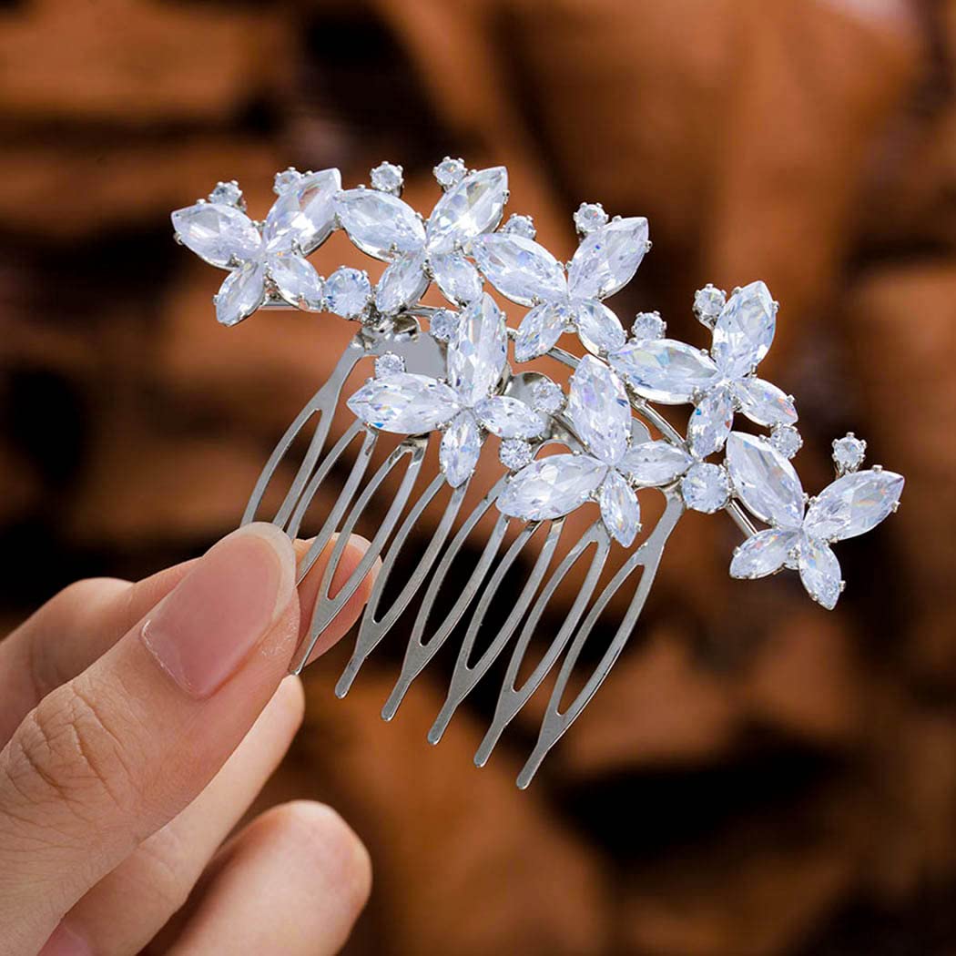 Foyte Crystal Bride Wedding Hair Comb Silver Rhinestone Bridal Headpieces Pearl Hair Pieces Bridesmaid Side Combs Hair Accessories for Women and Brides (butterfly rhinestone)