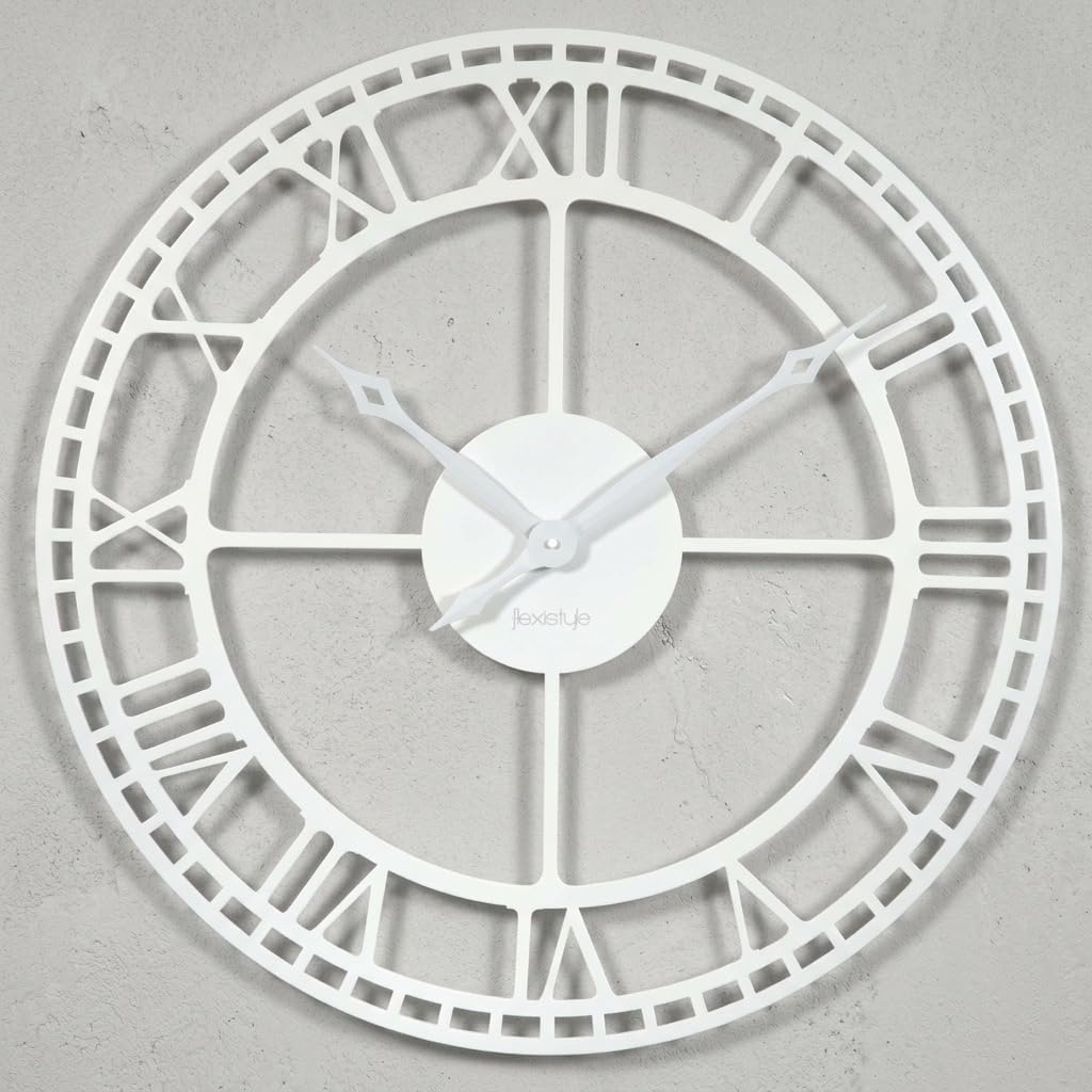 FLEXISTYLE Reloj de Pared Grande Vintage Retro XXL 80 cm diámetro Metal Industrial Negro Blanco Dorado (Blanco)