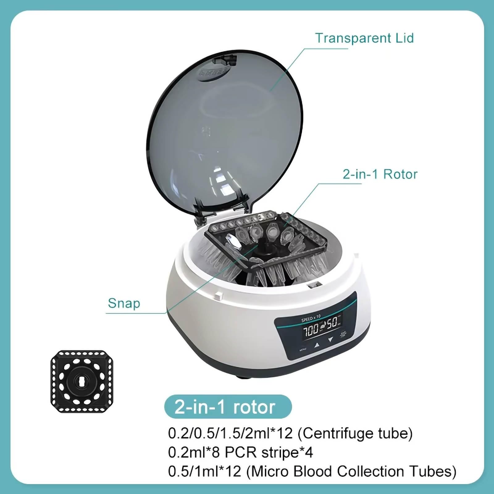 Mini centrífuga de laboratorio de velocidad fija de 7000 Rpm, máquina digital compacta con RCF de 3286 xg, rotor doble for tubos de centrífuga y tubos de recolección de muestras