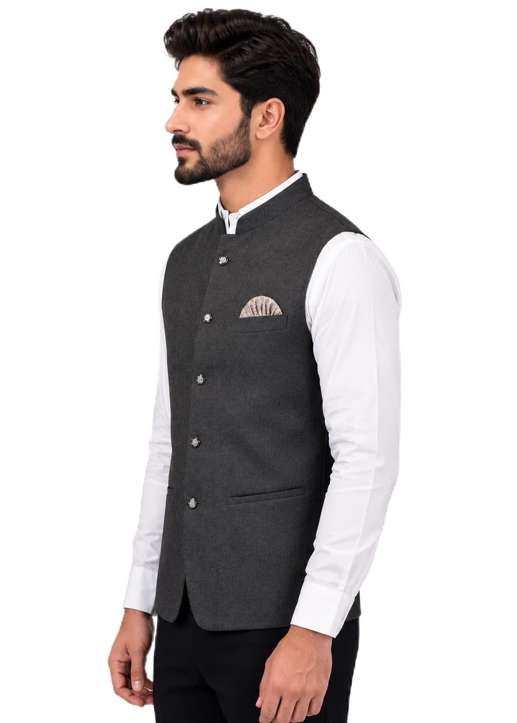 Men's Charcoal Grey Nehru Jacket Waistcoat with Pocket Square-picture-27