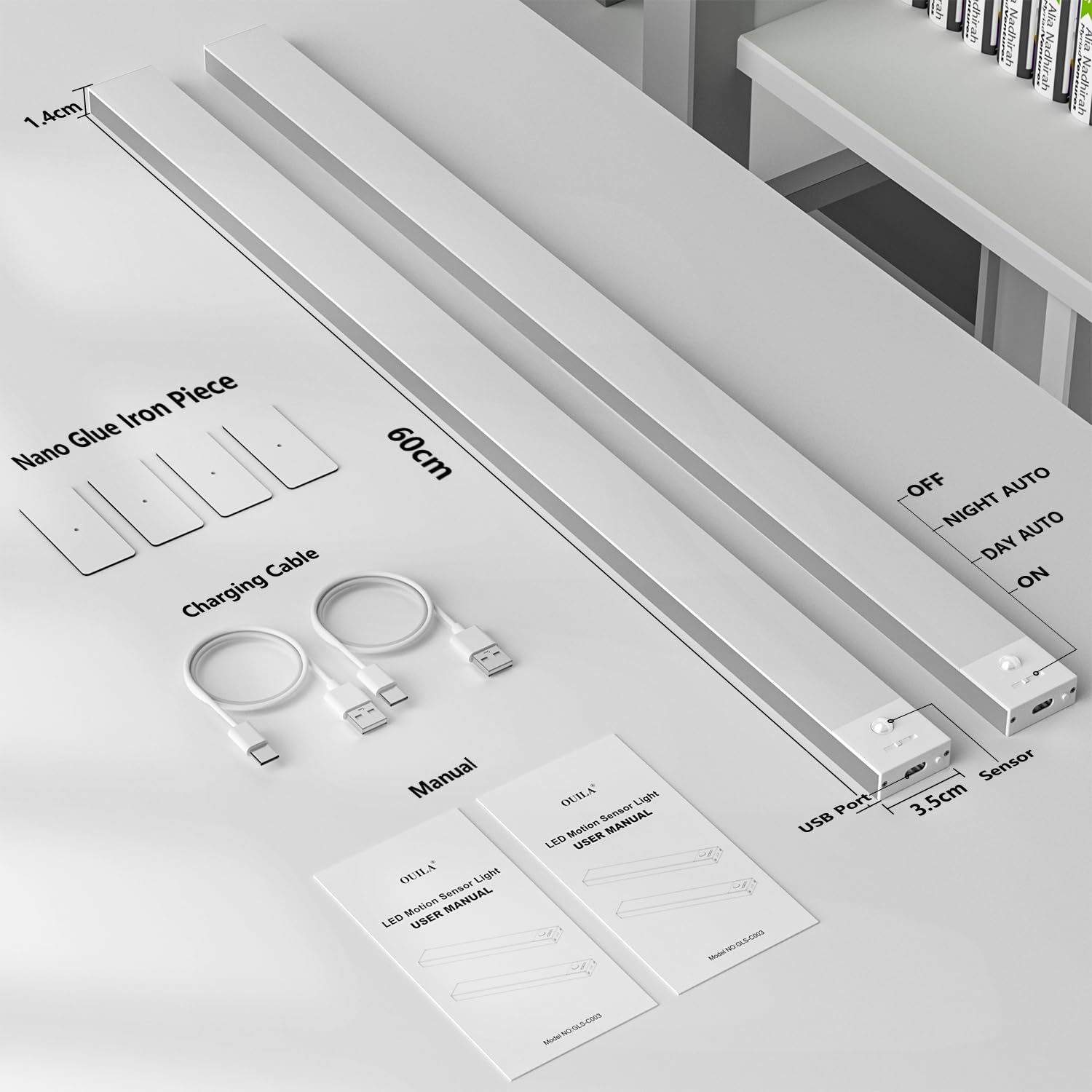 OUILA Luz LED para debajo de los armarios de cocina, 2 unidades de 60 cm, luz LED con sensor, 3000 K-6500 K regulable, 5000 mAh, 156 LED, luces LED con sensor para cocina, armario, escaleras, pasillo,