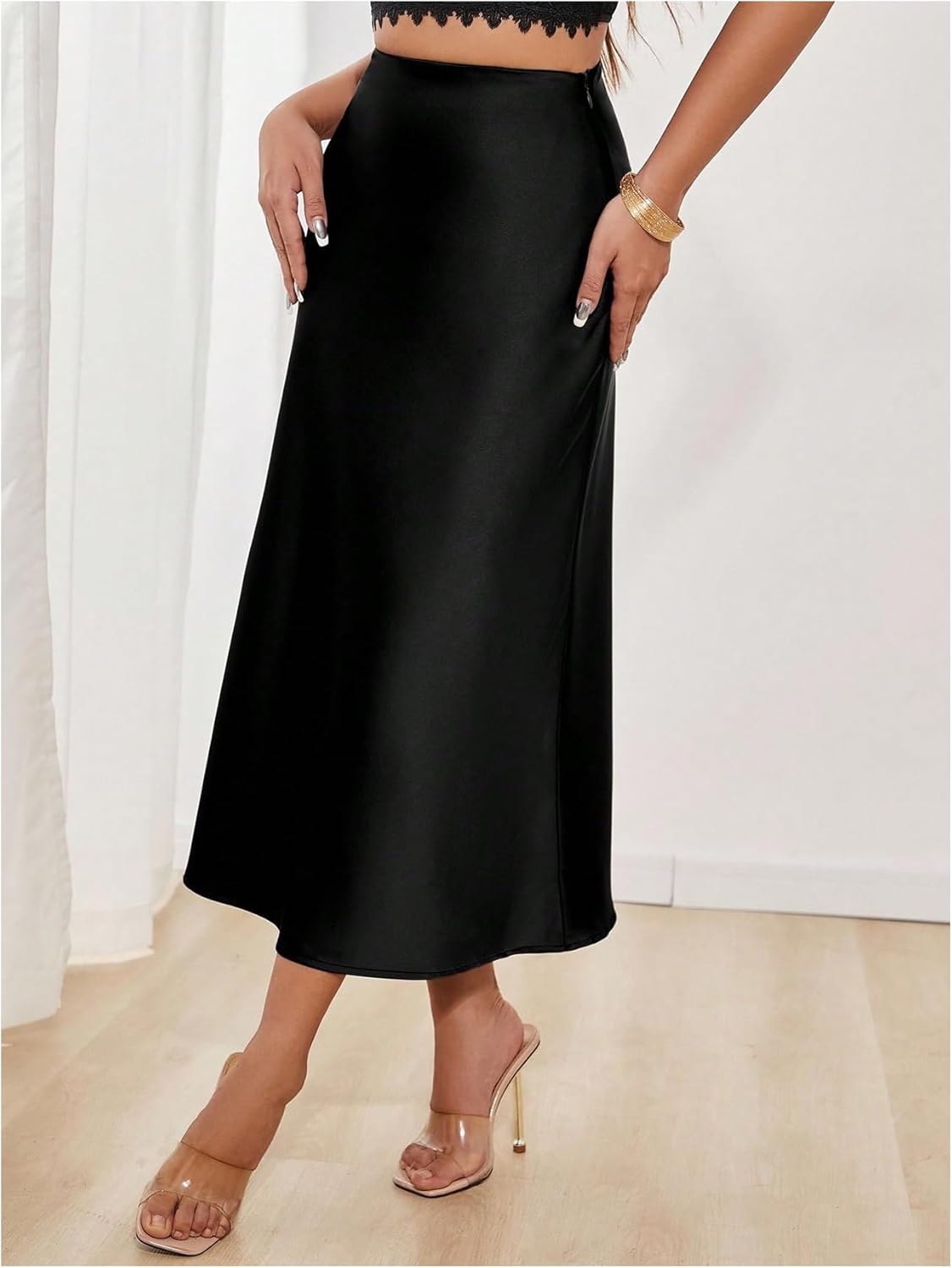 SHENHE Women's Elegant Satin Skirt A Line Flared Business Casual Work Midi Skirt - Image 4