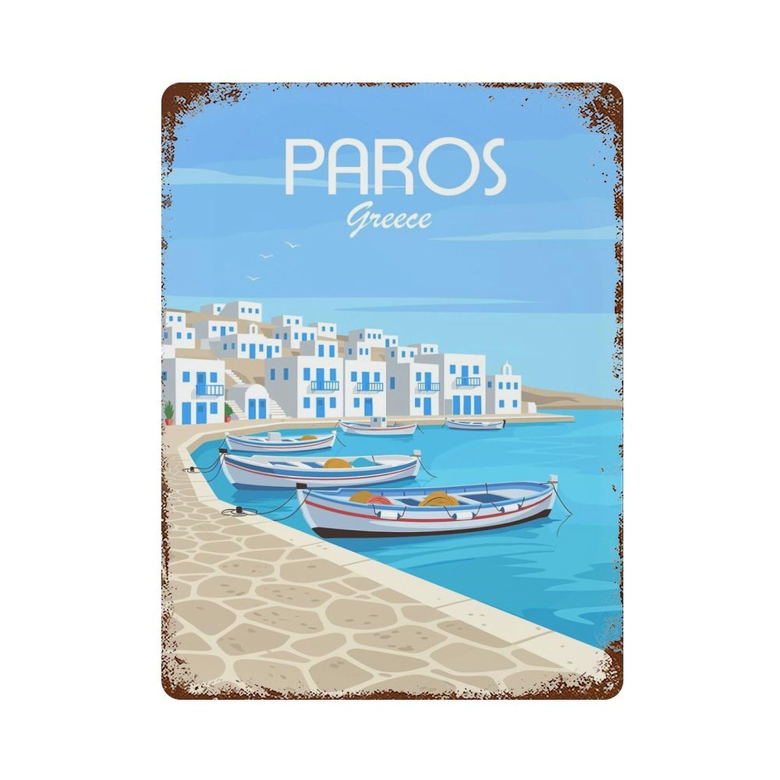 Rust Effect Paros Greece Weathered Tin Sign 15.7"x11.8", Shabby Chic Decor for Cafe, Home Bar And Lounge Decor