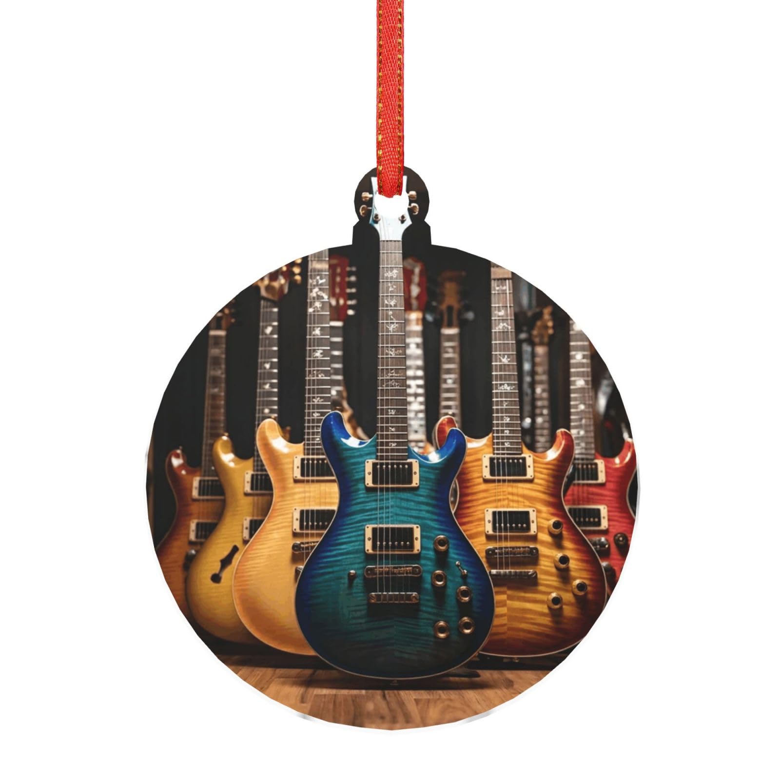 Acrylic Ornament Christmas Tree Decoration Clear Round Pendant with Red Ribbon Guitars Christmas Ornaments Indoor Outdoor Hanging Acrylic Pendants for Xmas Party Decor
