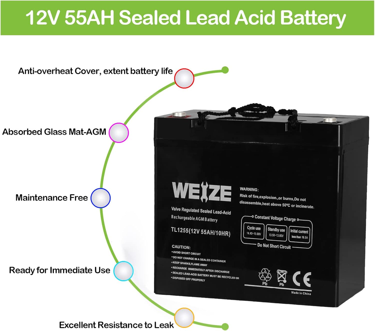 Weize 12V 55AH Deep Cycle Battery UB12550 for Power Scooter Wheelchair Mobility Emergency UPS System Trolling Motor