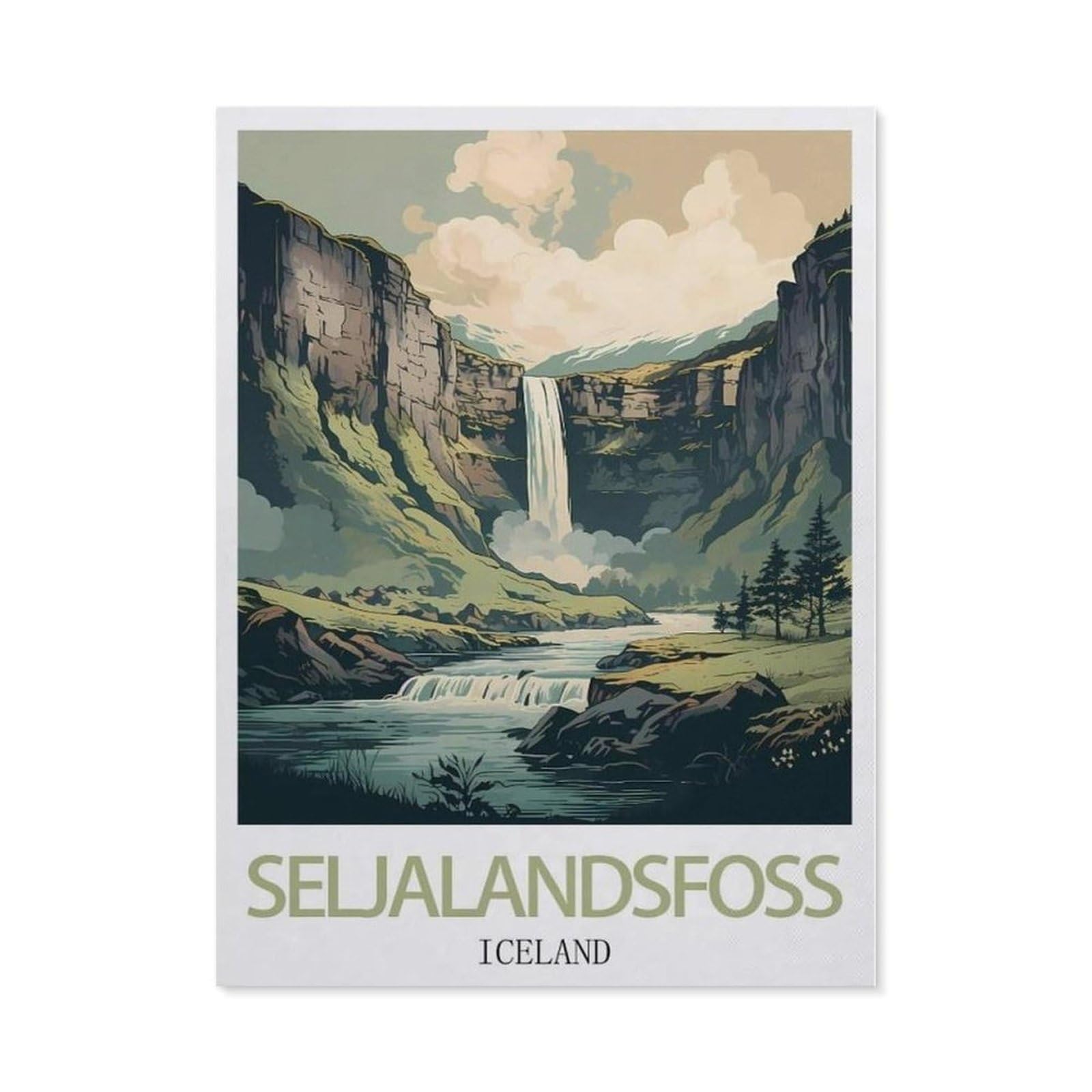 Beayodkp （50 X 60 Cm/19.68 X 23.62 Inches） 5D Diy Full Round Drill Diamond Painting，Seljalandsfoss Iceland Vintage Travel Poster，Embroidery Full Round Diamond Cross Stitch Rhinestone Mosaic Decor Gift-Cg71
