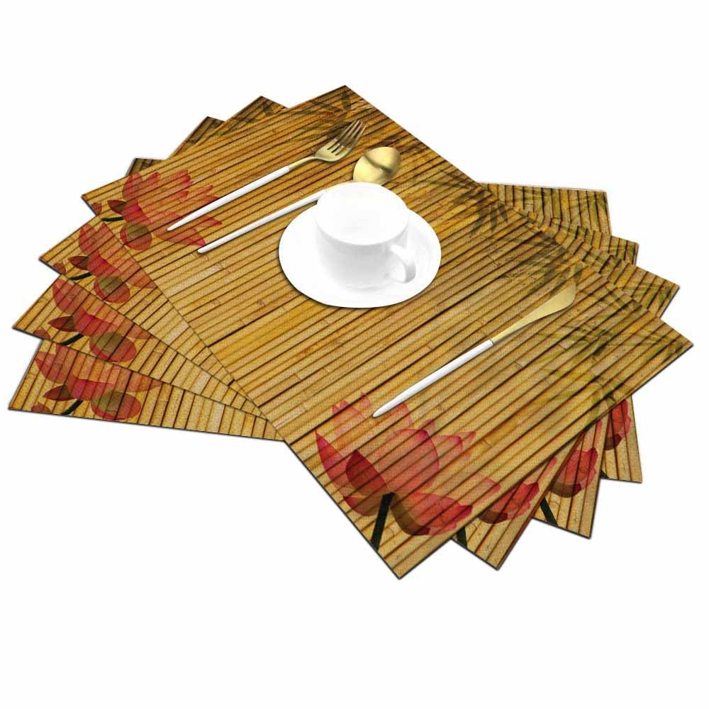 Walmsco Placemats Bamboo Pink Lotus Decor For Dining Room Kitchen Table,Waterproof Non-Slip Washable Heat Resistant Placemats,Set of 4,12"x18" - Image 2