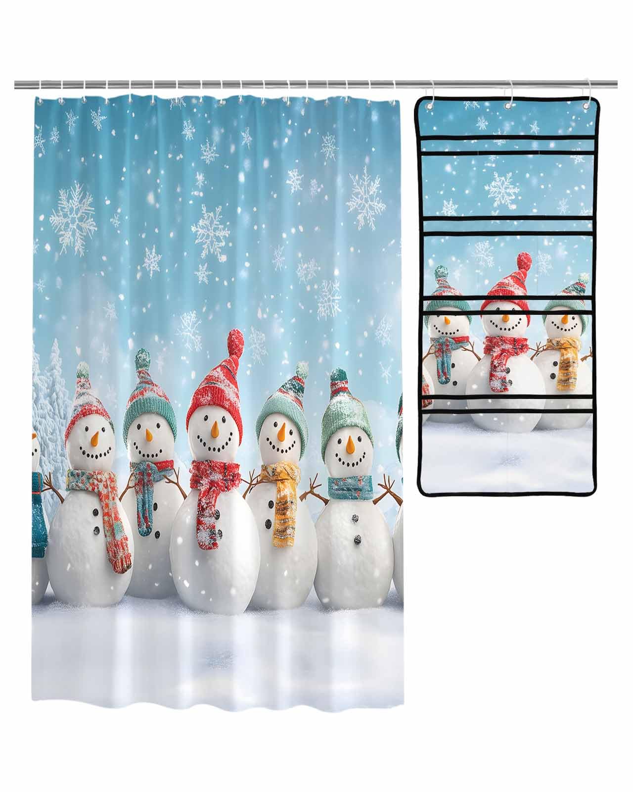 ZFUNCING Shower Curtain Mesh Shower Organizer Set Christmas Snowman Colorful Scarf Hat Waterproof Bath Curtains Hanging Shower Caddy